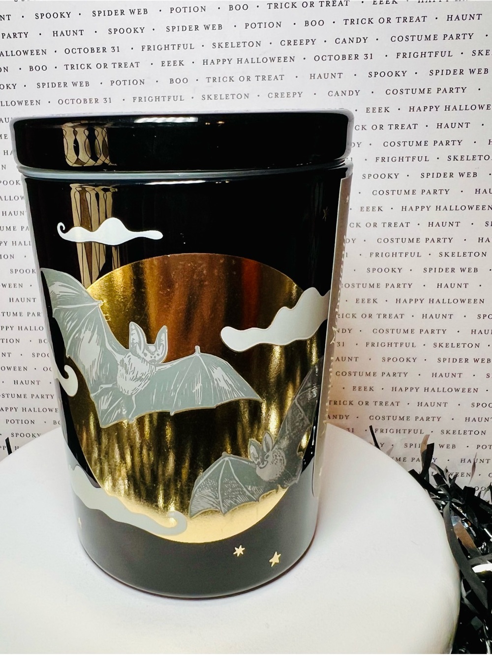 Halloween Glass Bats & Moonlight 1 Wick Candle Black and Gold Midnight Mahogany